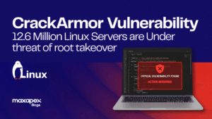 CrackArmor vulnerability warning on a laptop screen, illustrating the critical Linux server root takeover threat for MaxAPEX Blogs