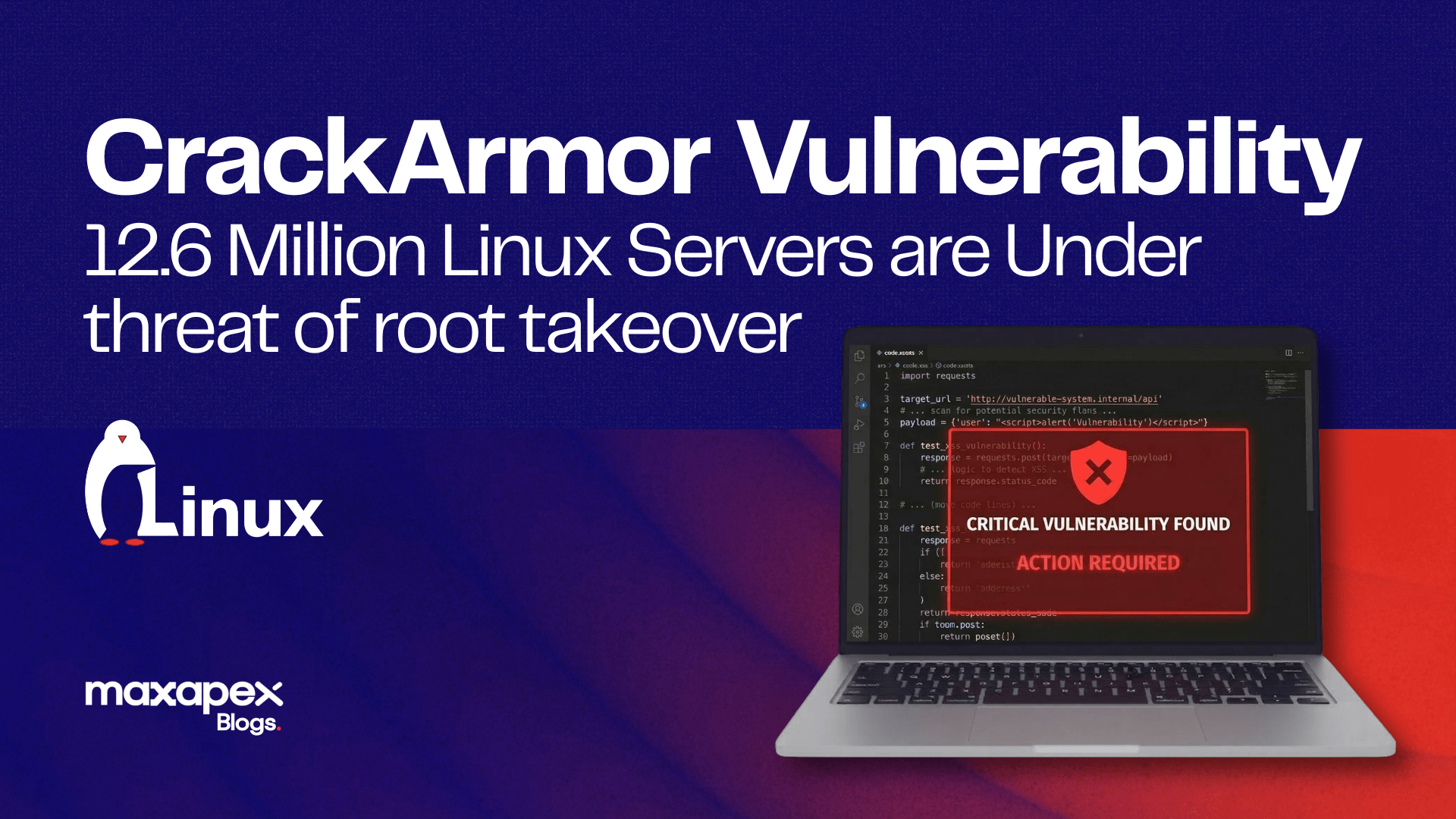 CrackArmor vulnerability warning on a laptop screen, illustrating the critical Linux server root takeover threat for MaxAPEX Blogs