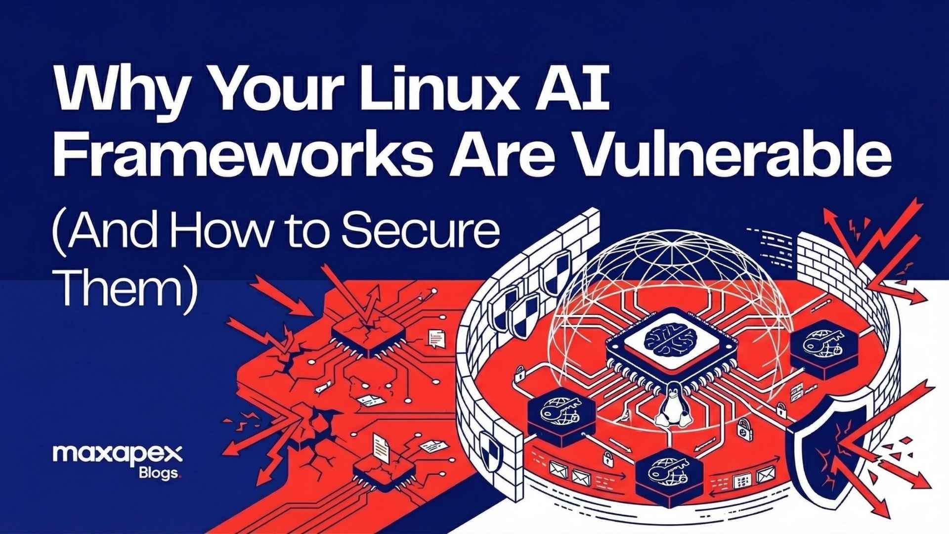 A visual graphic showing an "unsecured API" turning into a hacker taking over a server, contrasted with a "Secured API Gateway" blocking the threat before it hits the AI framework.