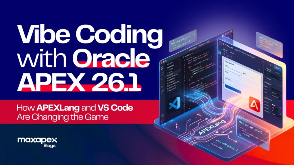 Developer vibe coding an Oracle APEX 26.1 application using APEXLang in VS Code with AI Copilot chat