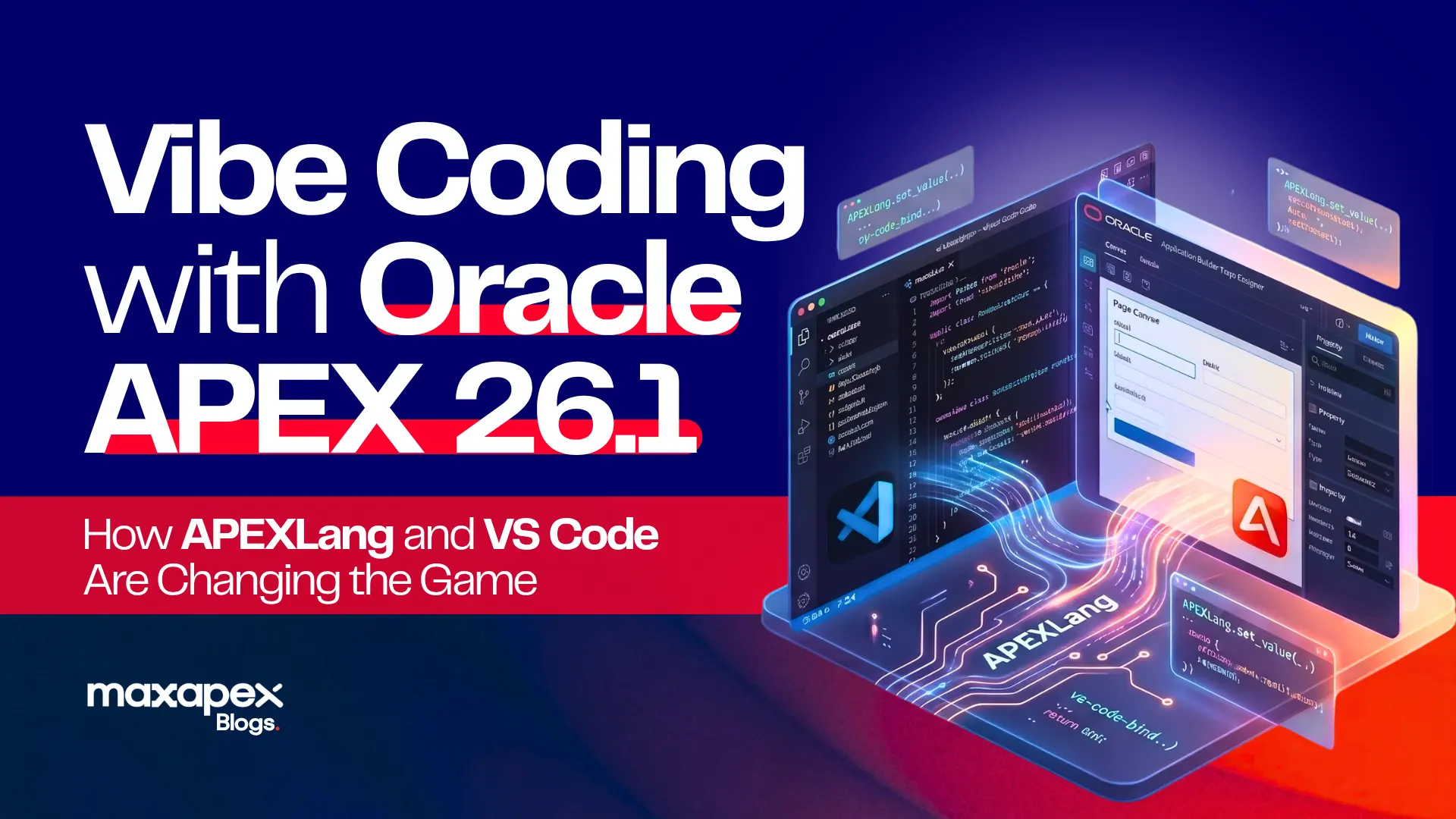 Developer vibe coding an Oracle APEX 26.1 application using APEXLang in VS Code with AI Copilot chat